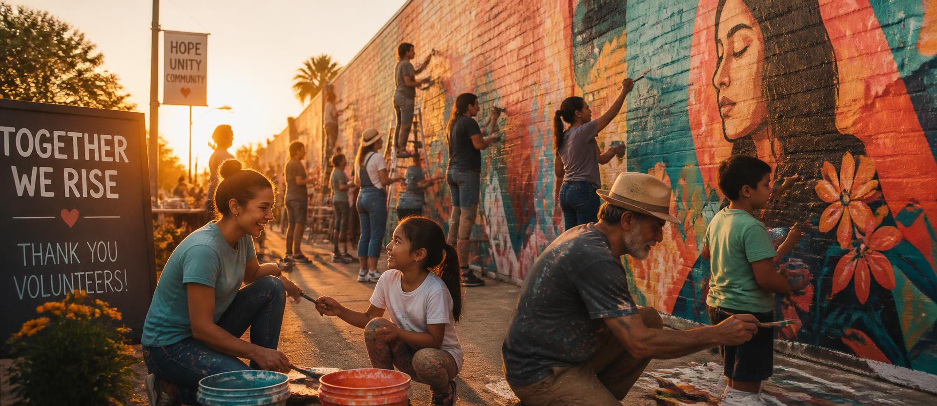 Volunteers of all ages painting a bright community mural together at golden hour