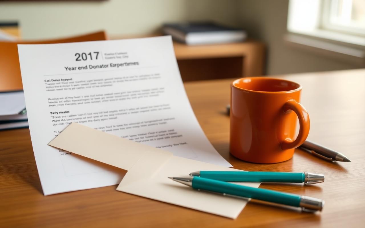 Printed year-end donor appeal letter and reply envelope on a nonprofit desk
