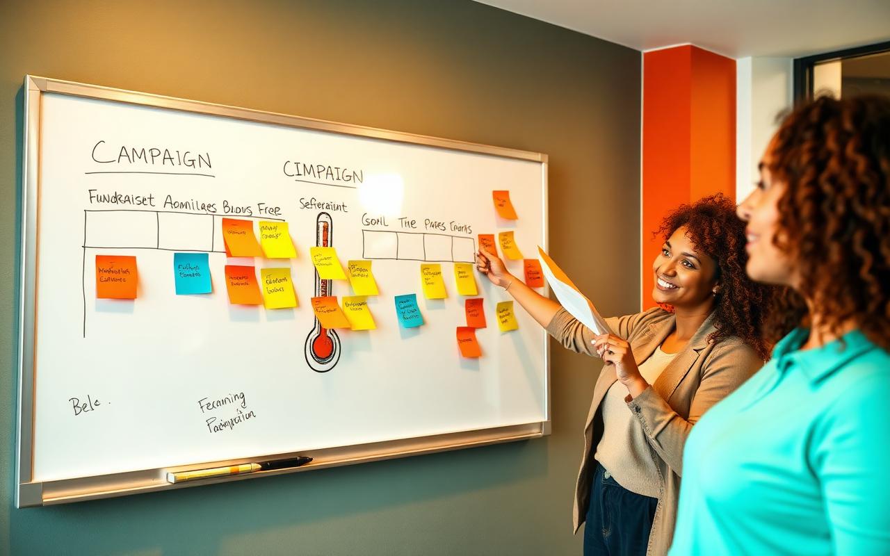 Fundraising campaign timeline mapped on a whiteboard with a goal thermometer