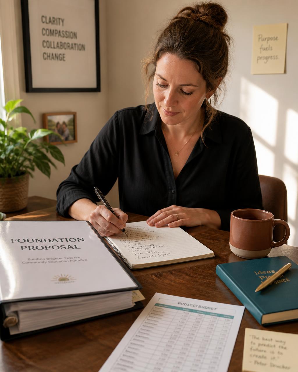 Grant writer drafting a foundation proposal beside a project budget