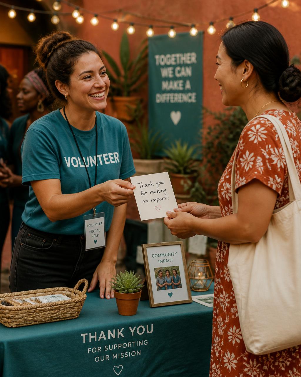 Volunteer handing a handwritten thank-you card to a smiling donor