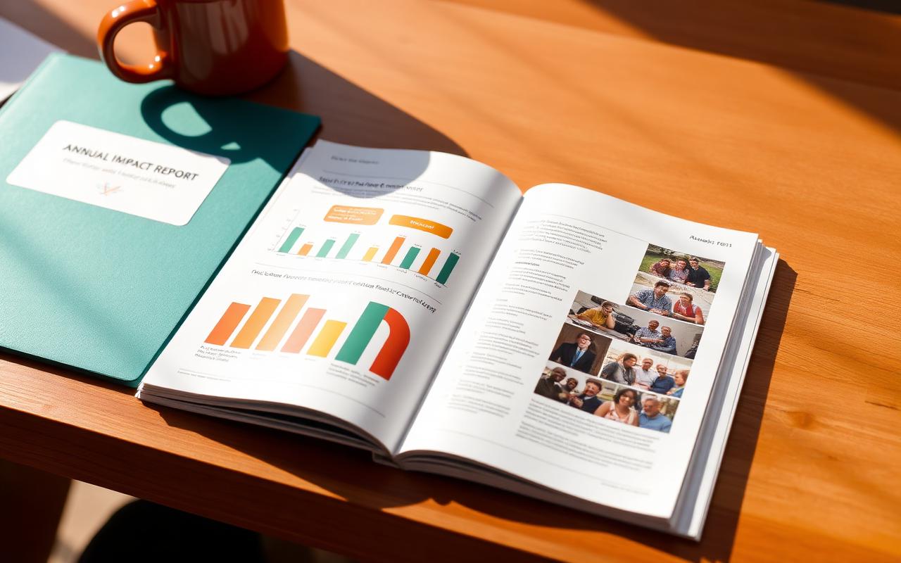 Printed annual impact report open to outcome charts and community photos