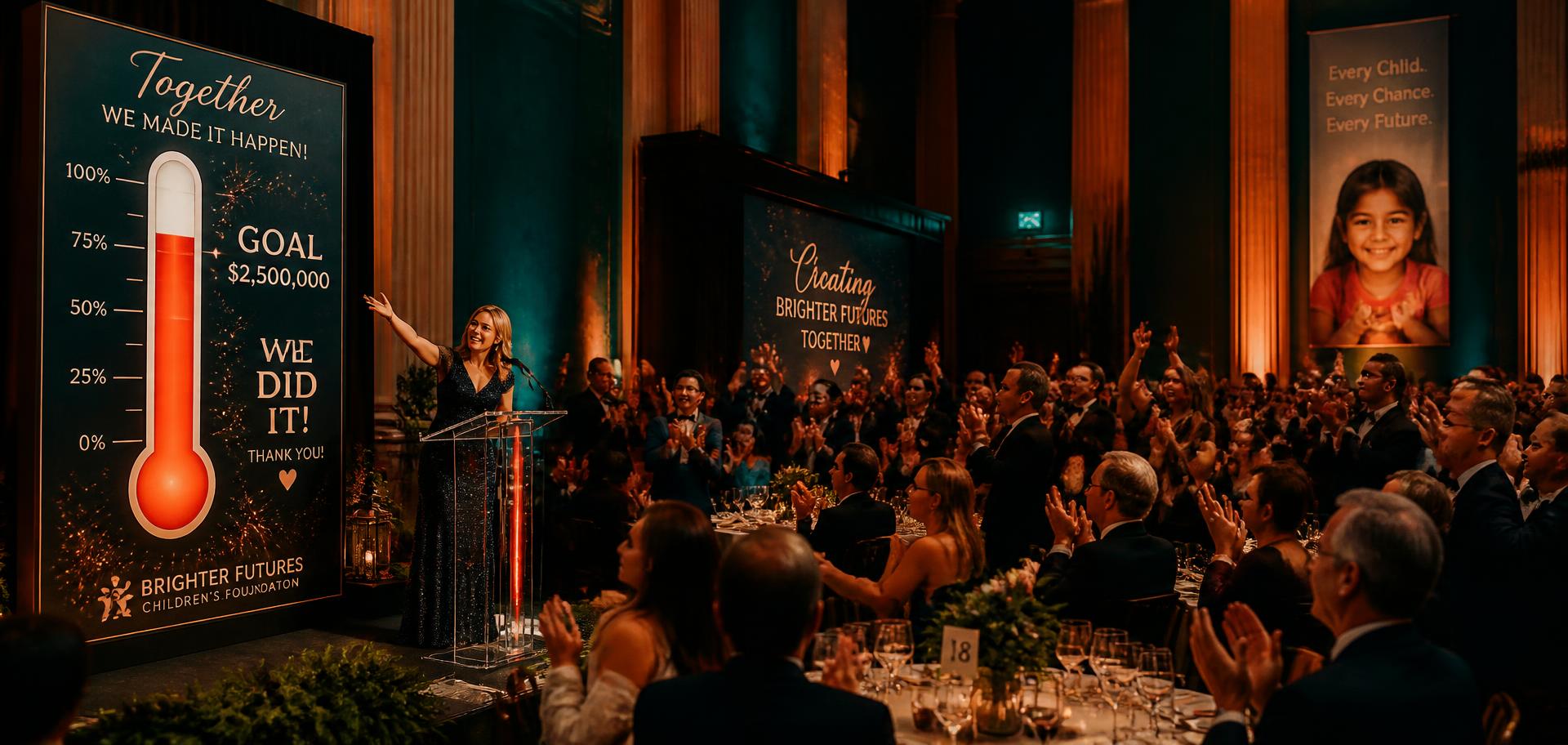 Guests applauding at a charity gala as the campaign goal thermometer is revealed