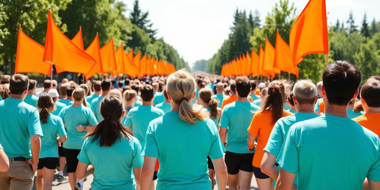 Supporters walking a charity fun run lined with flags
