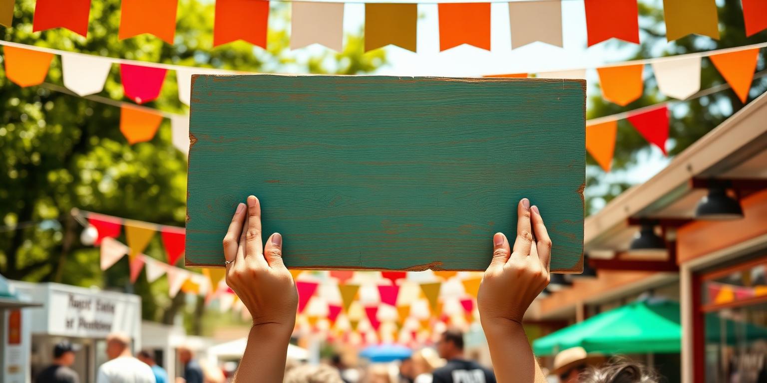 Hands raising a painted board at a community fair
