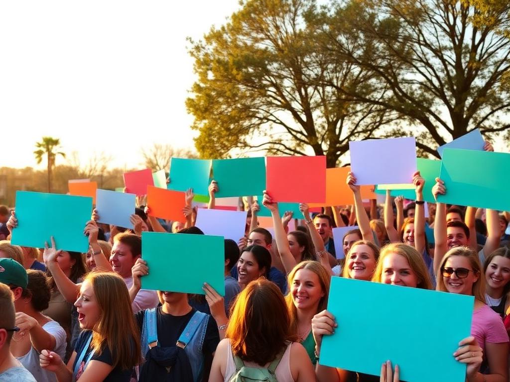 Crowd of supporters raising colourful placards