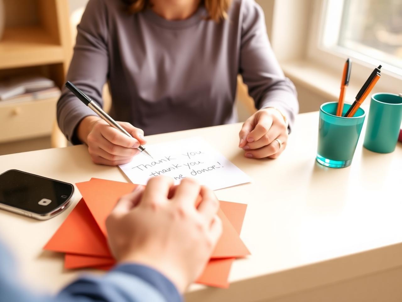 Fundraiser handwriting a note to a donor