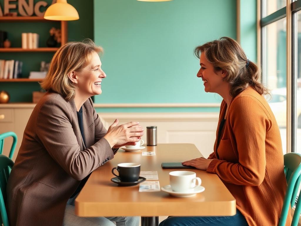 Two supporters in conversation over coffee