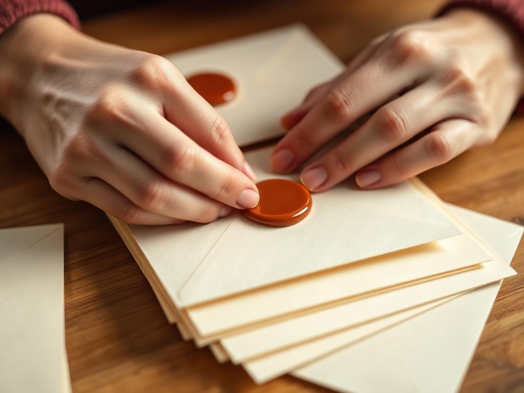 Hands sealing cream envelopes with wax