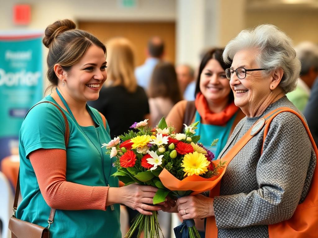 Volunteers thanking a long-time donor with flowers