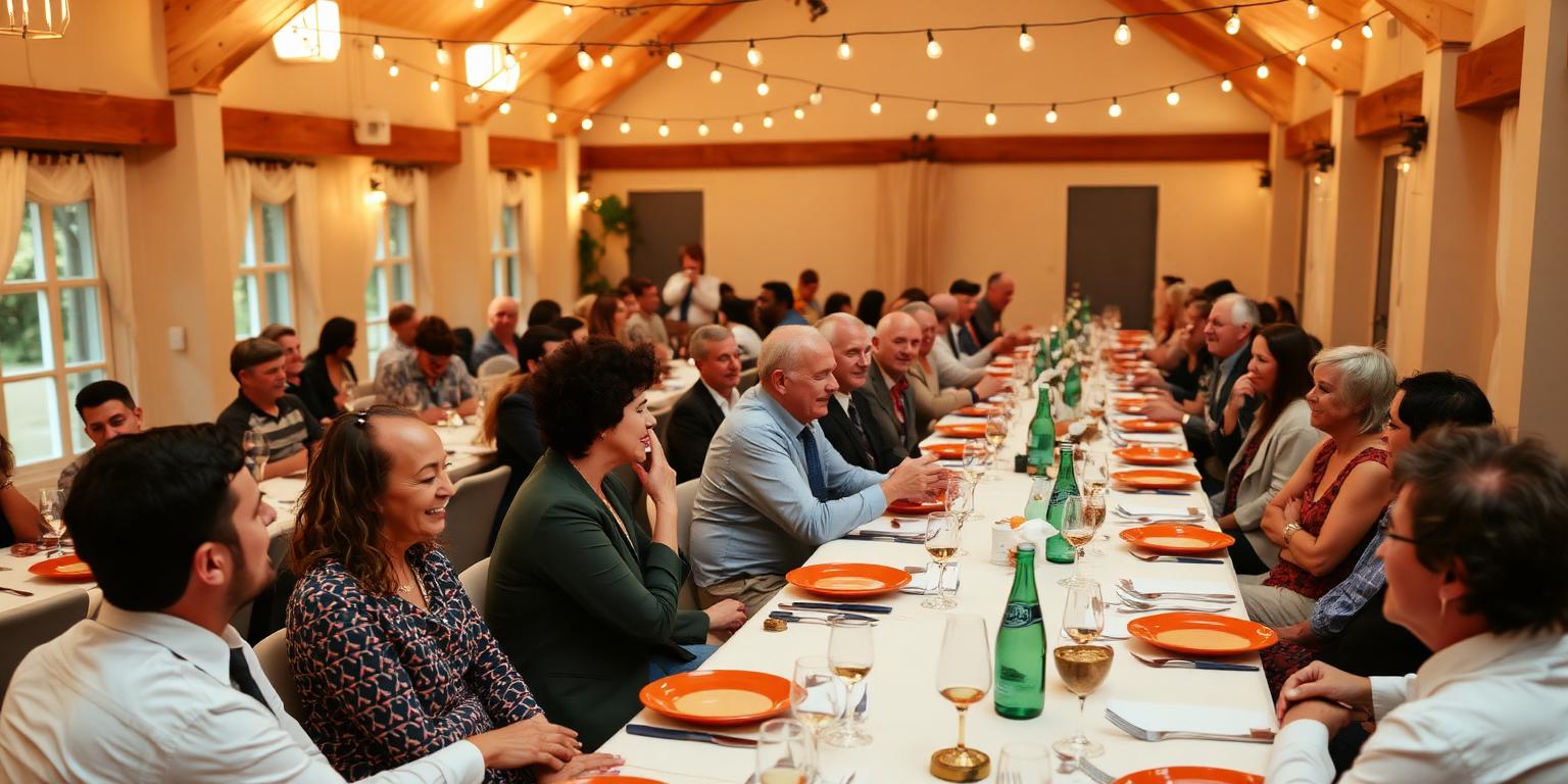 Long community fundraising dinner under string lights