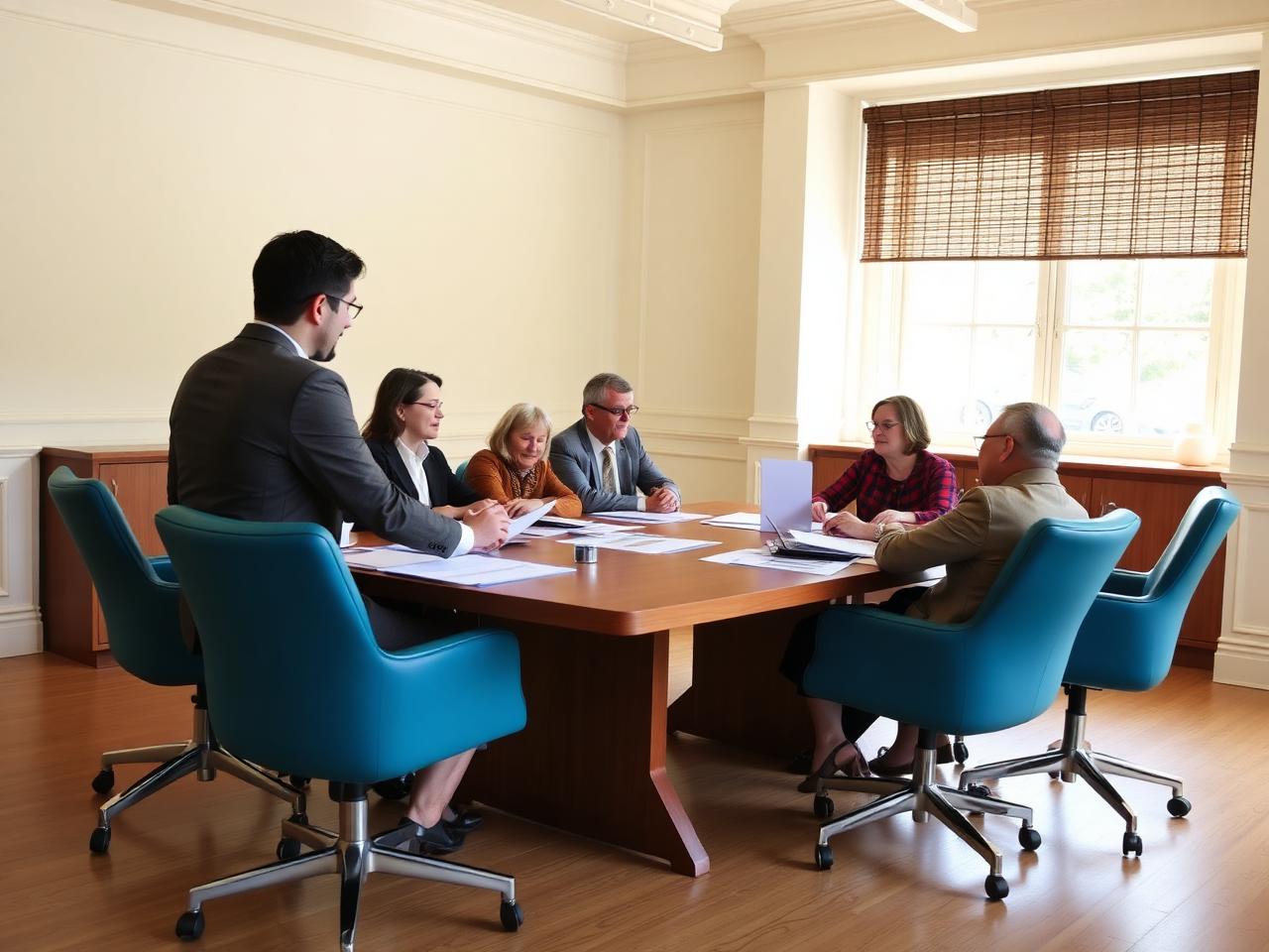 Board members reviewing documents around a table