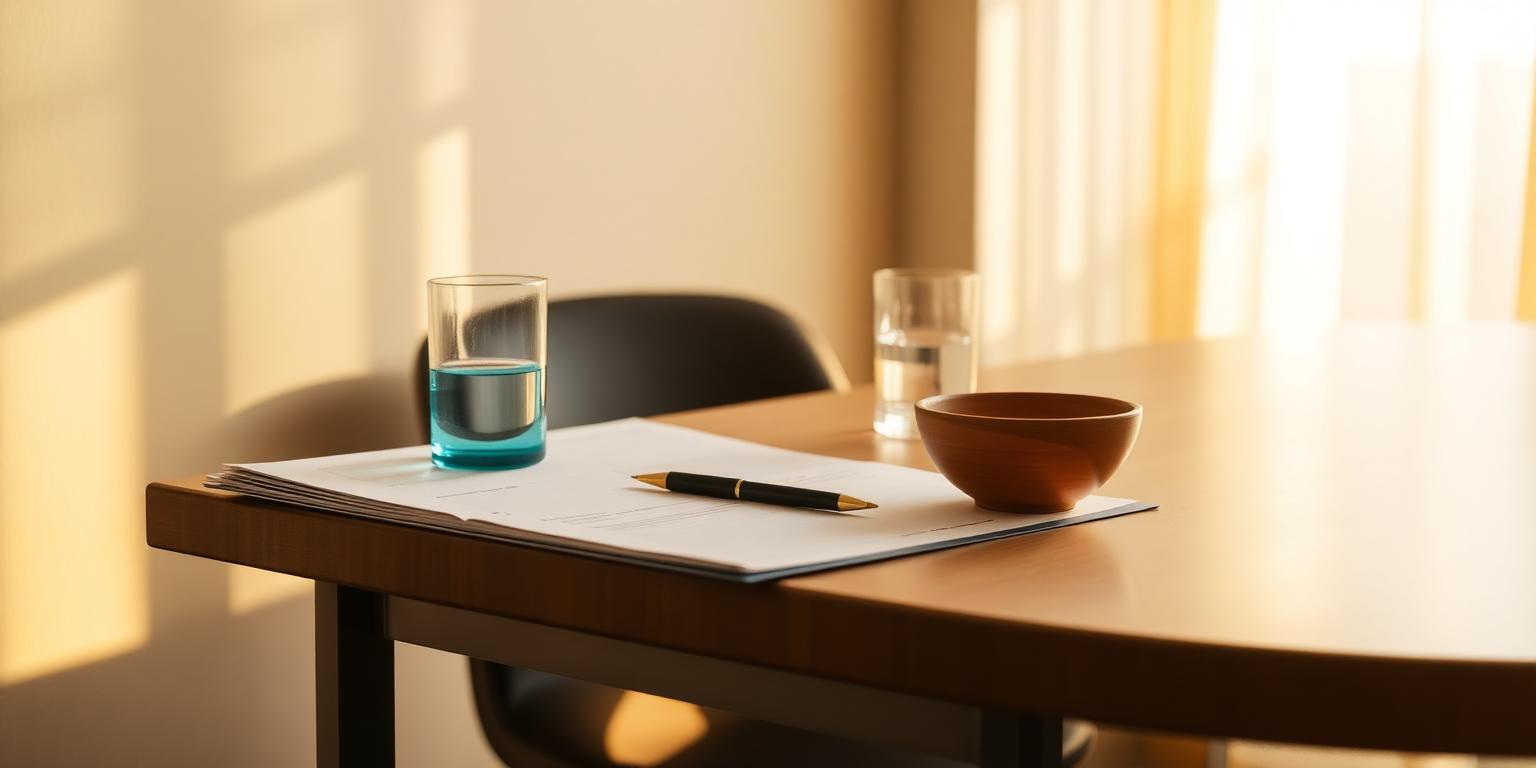 Boardroom table set with folder, pen and water at golden hour