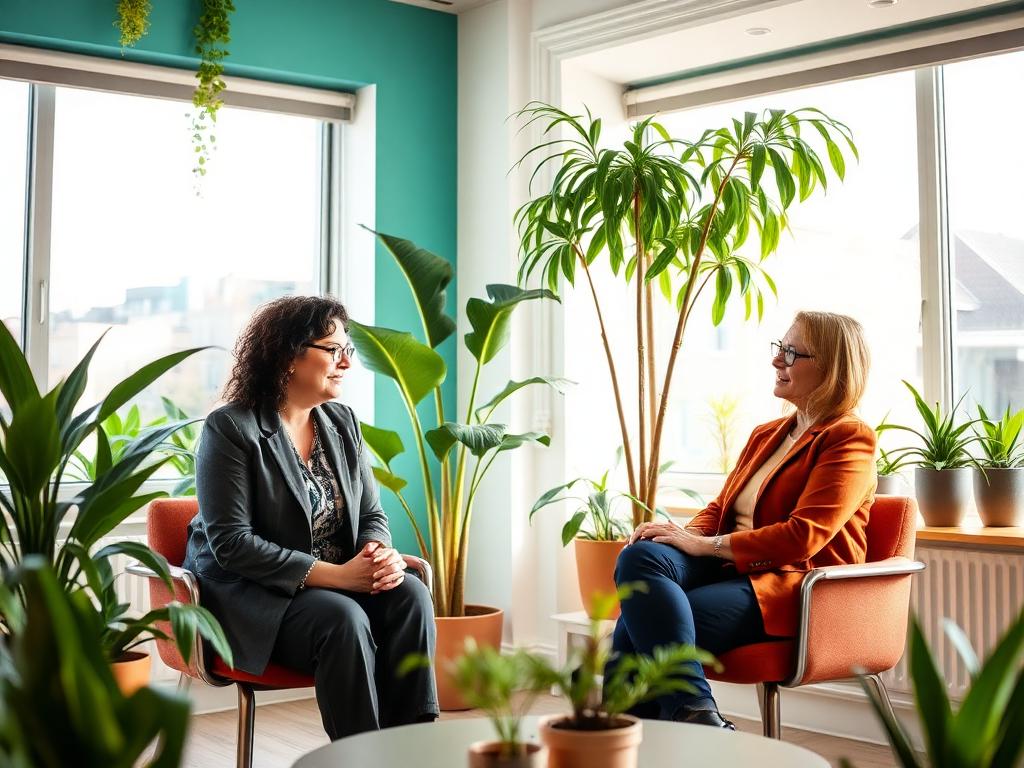 Two nonprofit leaders in discussion in a sunlit office