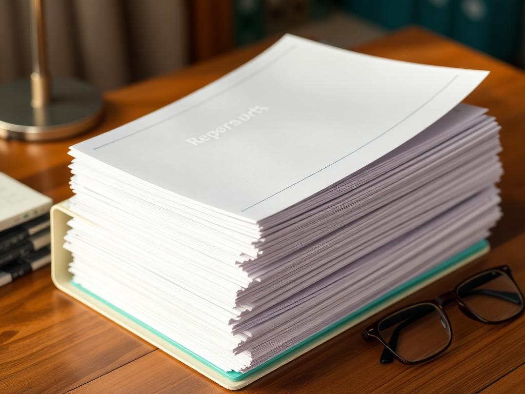 Stack of printed reports and reading glasses on a desk
