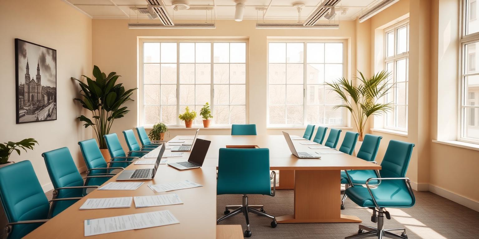 Bright nonprofit meeting room prepared for a funder review