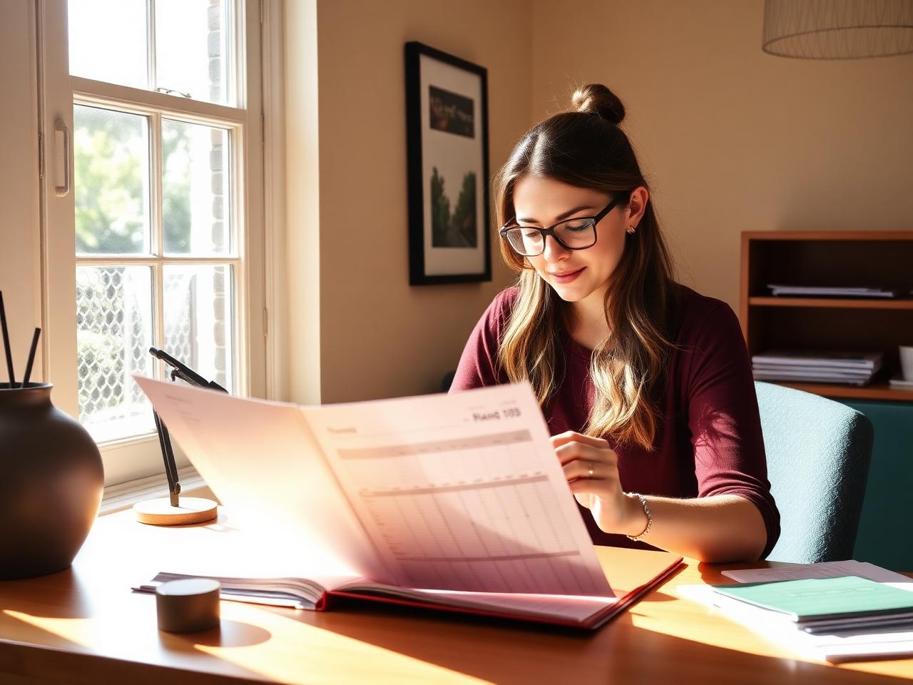 Grant writer reviewing a funding proposal at a sunlit desk