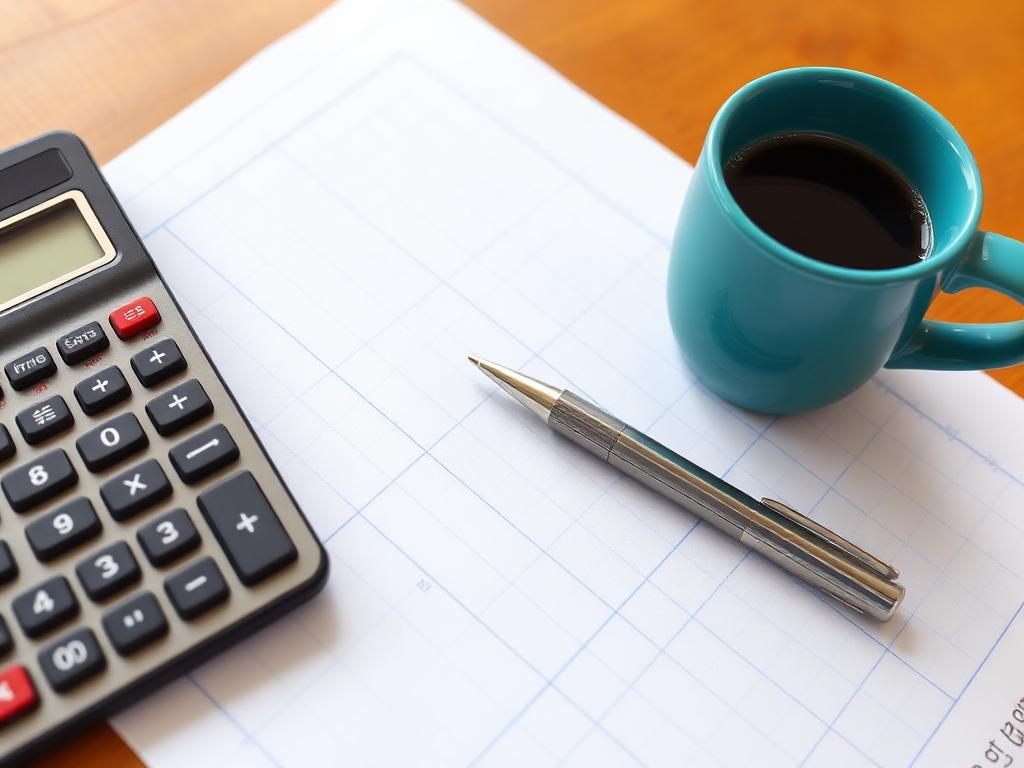 Budget worksheet, calculator and coffee on a desk