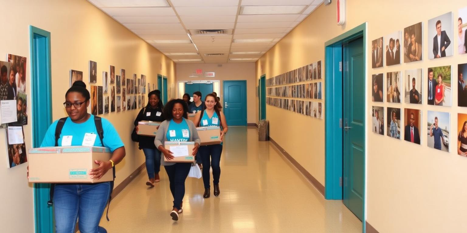 Staff carrying supplies through a community centre hallway
