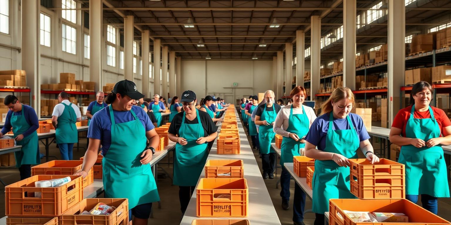 Volunteers packing food boxes in a bright warehouse