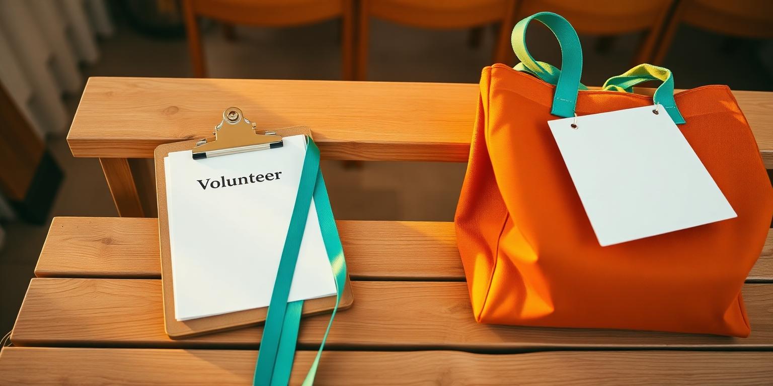 Volunteer welcome table with badges, lanyards and tote