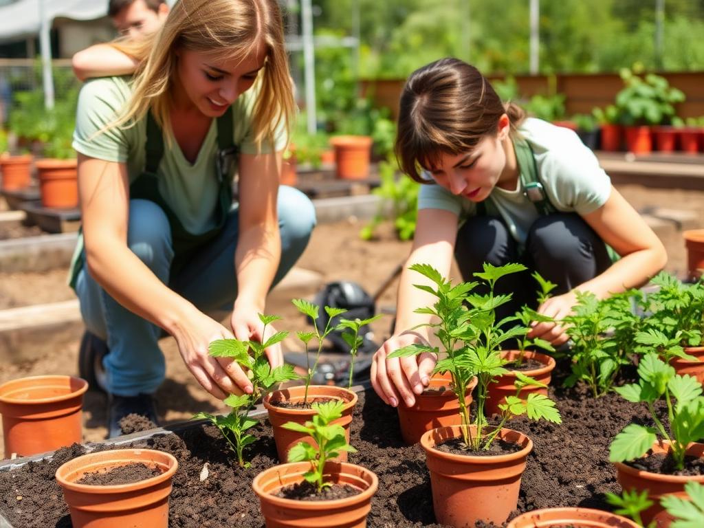 Volunteers planting seedlings in a community garden