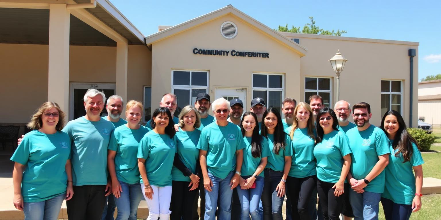 Large volunteer team gathered outside a community centre