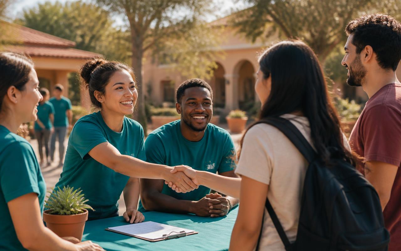 Volunteers signing up at an outdoor recruitment table in a sunny park